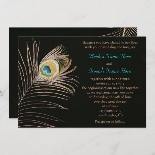 Uitnodiging voor een Black Peackock Wedding (Voorkant / Achterkant)