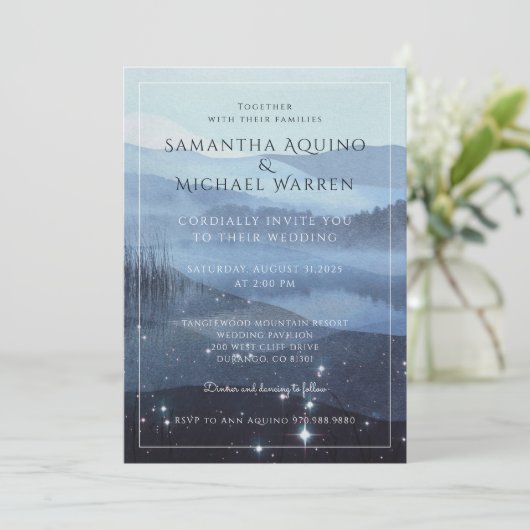 Uitnodiging voor een blauwe bruiloft in Rustic Mou (Staand voorkant)