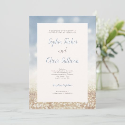 Uitnodiging voor een blauwe en goudbruine achtergr (Staand voorkant)