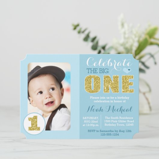 Uitnodiging voor een Blauwe en Gouden Eerste Dag (Staand voorkant)