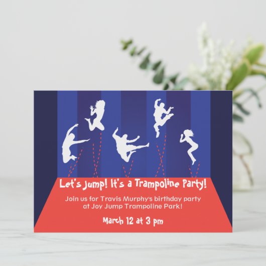 Uitnodiging voor een blauwe en Oranje trampoline (Staand voorkant)