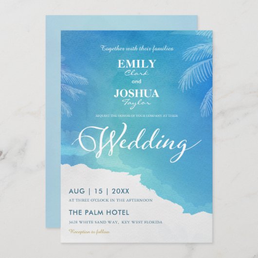 Uitnodiging voor een blauwe en witte Waterverf om  (Voorkant / Achterkant)