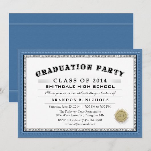 Uitnodiging voor een blauwe grensdiploma Style Afs (Voorkant / Achterkant)