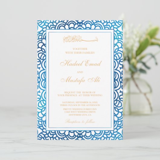 uitnodiging voor een blauwe moslim bruiloft (Staand voorkant)