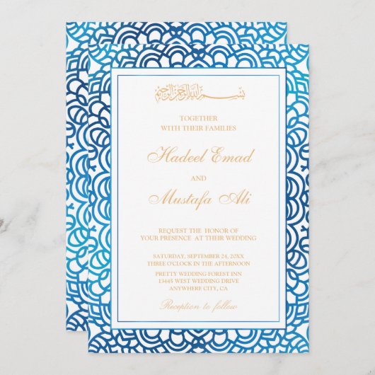 uitnodiging voor een blauwe moslim bruiloft (Voorkant / Achterkant)