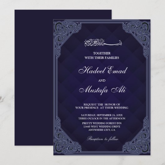 Uitnodiging voor een blauwe moslimbruiloft voor le (Voorkant / Achterkant)