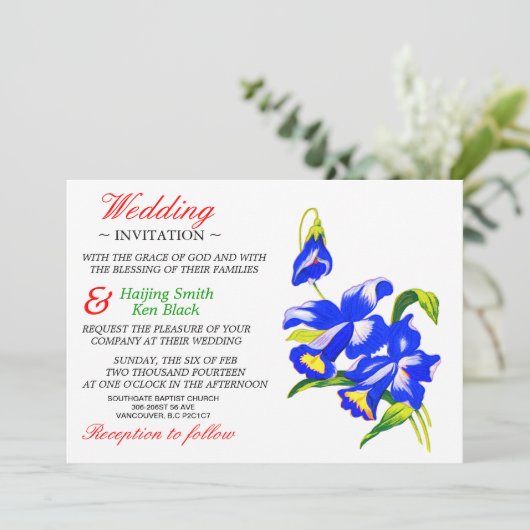 Uitnodiging voor een blauwe orchidee bruiloft (Staand voorkant)