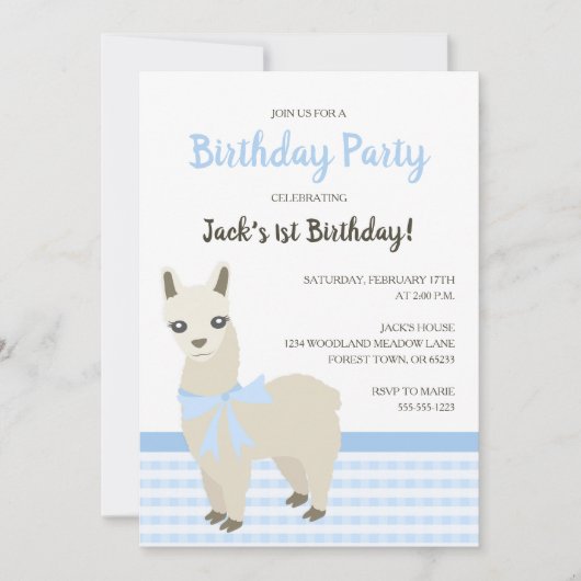 Uitnodiging voor een blauwe verjaardag van Alpaca (Voorkant)