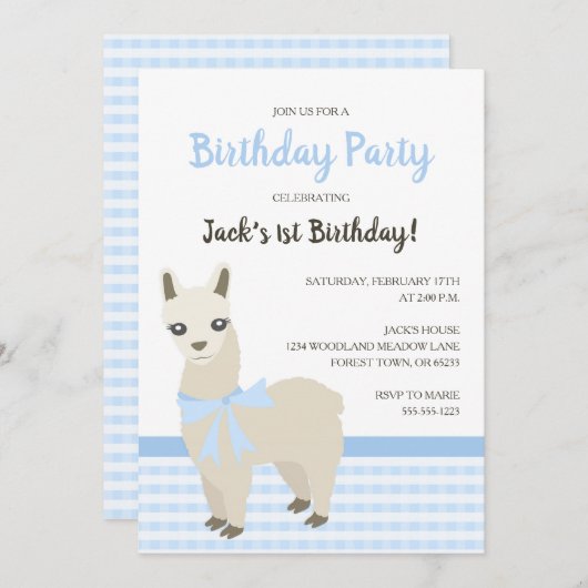 Uitnodiging voor een blauwe verjaardag van Alpaca (Voorkant / Achterkant)