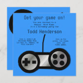 Uitnodiging voor een blauwe videogame-partij (Voorkant / Achterkant)