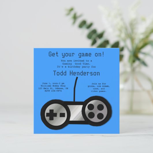 Uitnodiging voor een blauwe videogame-partij (Staand voorkant)