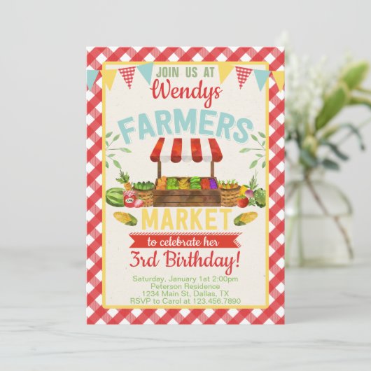 Uitnodiging voor een boerenmarkt voor verjaardagsf (Staand voorkant)