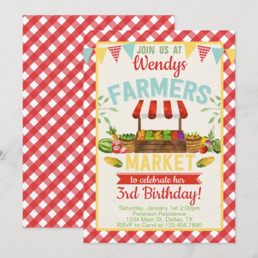 Uitnodiging voor een boerenmarkt voor verjaardagsf (Voorkant / Achterkant)