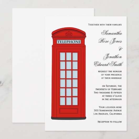 Uitnodiging voor een Brits rood telefoongesprek (Voorkant / Achterkant)
