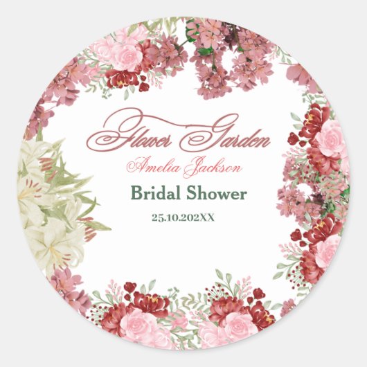 Uitnodiging voor een bruidsfeest in de bloementuin ronde sticker (Voorkant)