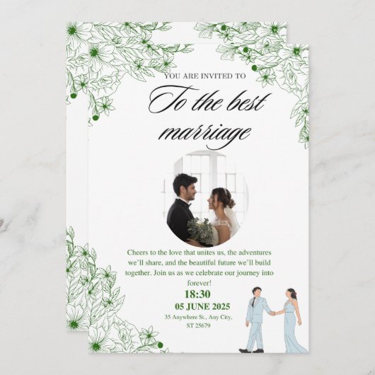 Uitnodiging voor een bruiloft met een geweldig ont (Voorkant / Achterkant)