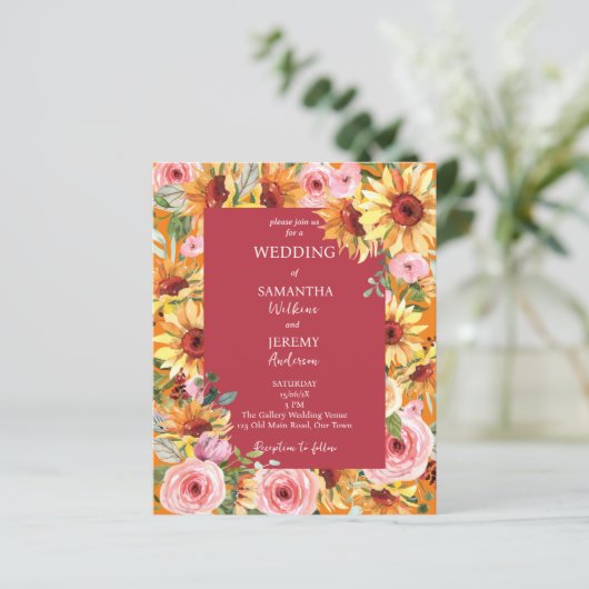 Uitnodiging voor een bruiloft voor zonnebloemen en (Staand voorkant)