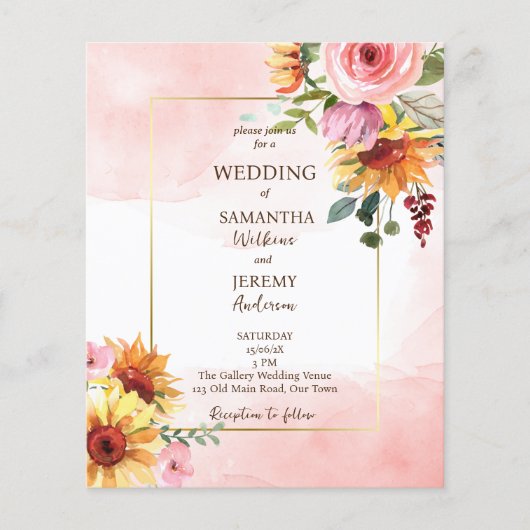 Uitnodiging voor een bruiloft voor zonnebloemen en (Voorkant)
