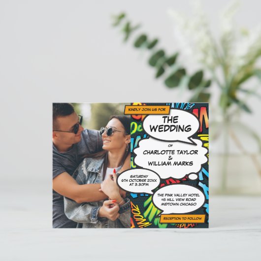 Uitnodiging voor een budget-huwelijk met stripboek (Staand voorkant)