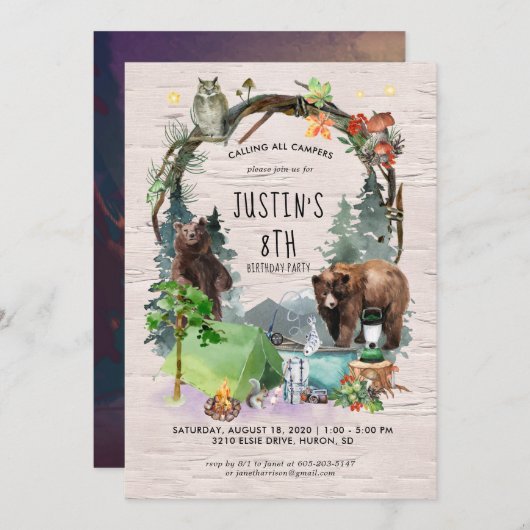 Uitnodiging voor een Camping Thema Party (Voorkant / Achterkant)