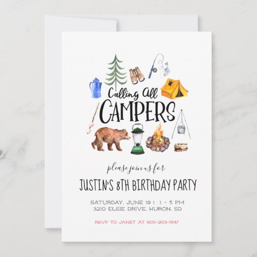 Uitnodiging voor een Camping Thema Party (Voorkant)
