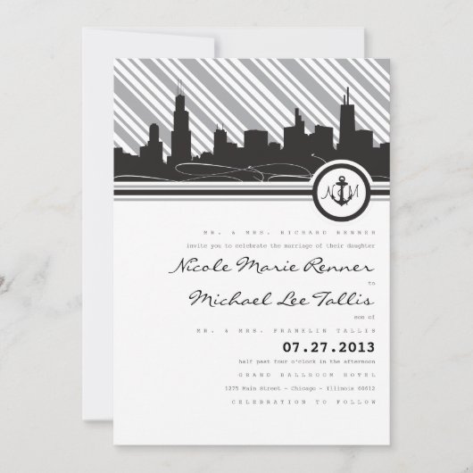 Uitnodiging voor een Chicago Anchor Monogram Wedde (Voorkant)