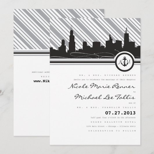 Uitnodiging voor een Chicago Anchor Monogram Wedde (Voorkant / Achterkant)