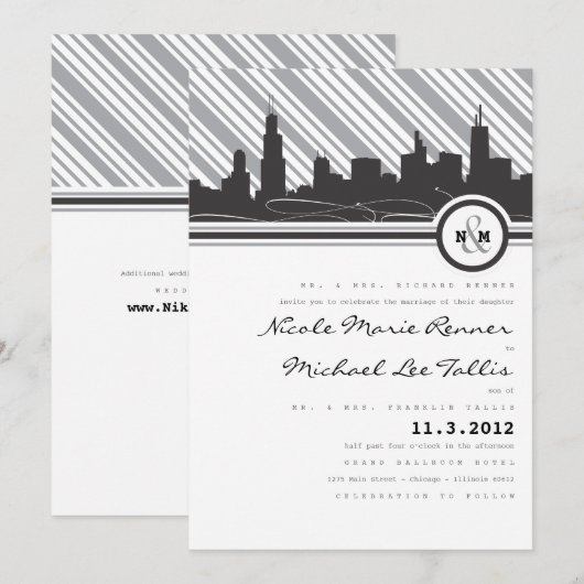 Uitnodiging voor een Chicago Monogram Weddenschap (Voorkant / Achterkant)