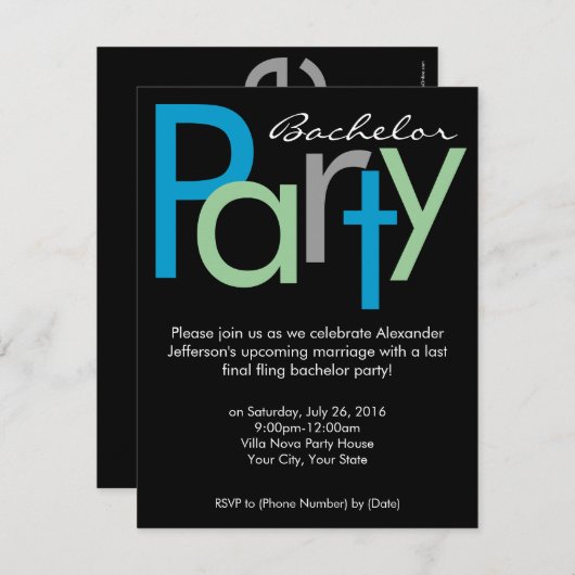 Uitnodiging voor een 'Chunky Block Blue Black' vri (Voorkant / Achterkant)