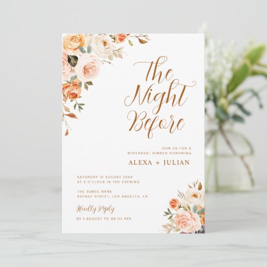 uitnodiging voor een diner met gouden en blozen pl (Staand voorkant)