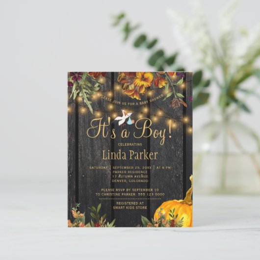 Uitnodiging voor een eenvoudige herfst baby boy sh (Staand voorkant)