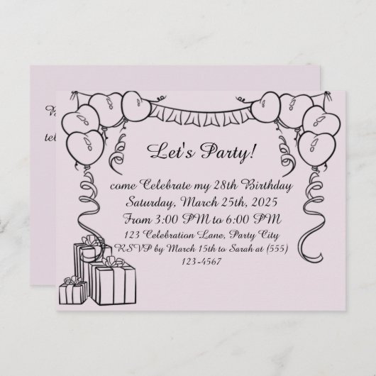 Uitnodiging voor een eenvoudige outline verjaardag (Voorkant / Achterkant)