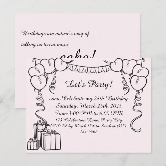 Uitnodiging voor een eenvoudige outline verjaardag (Voorkant / Achterkant)