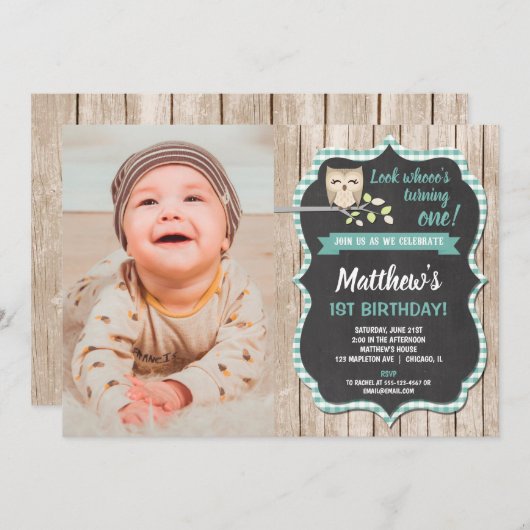 uitnodiging voor een eerste verjaardag, verjaardag (Voorkant / Achterkant)