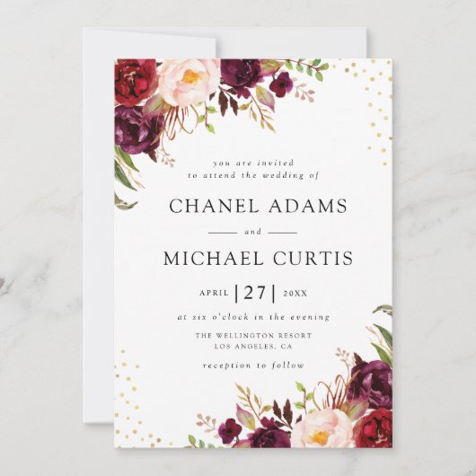 uitnodiging voor een elegant burgundy - bruiloft (Voorkant)