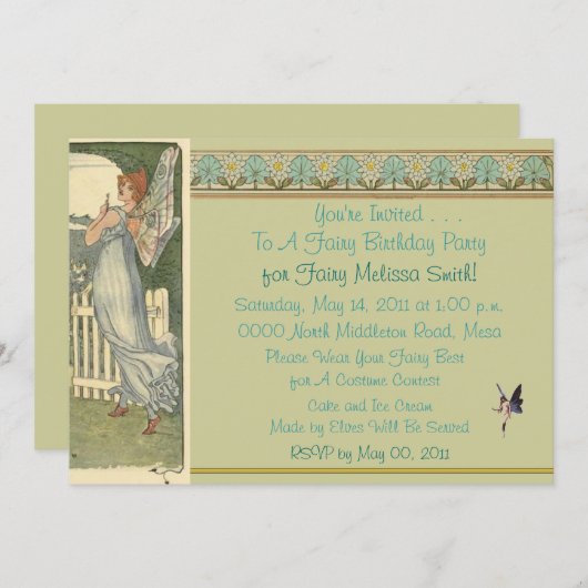 Uitnodiging voor een Fairy Birthday Party (Voorkant / Achterkant)