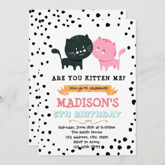 Uitnodiging voor een feestje met een leuk katten t (Voorkant / Achterkant)