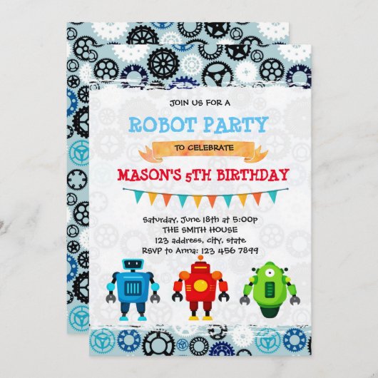 Uitnodiging voor een feestje met een leuk robot th (Voorkant / Achterkant)