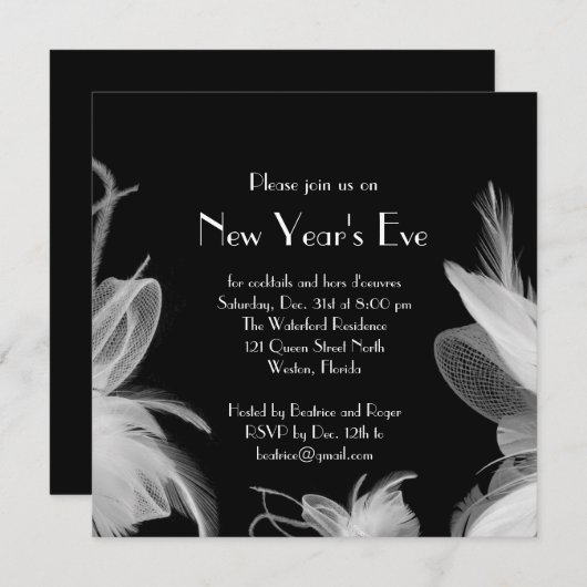 Uitnodiging voor een gevederde Oud en Nieuw-feest  (Voorkant / Achterkant)