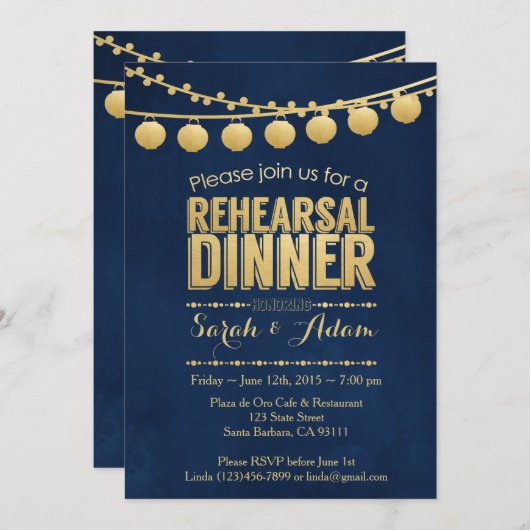 Uitnodiging voor een Gold and Navy repetitie diner (Voorkant / Achterkant)