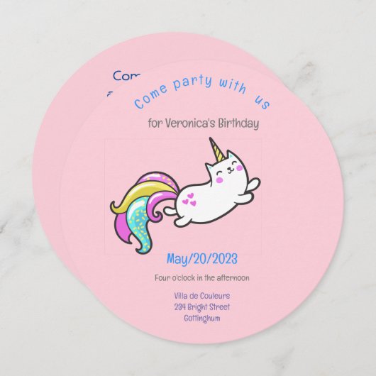 uitnodiging voor een grappige unicorn cat - verjaa (Voorkant / Achterkant)