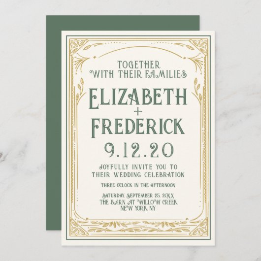  uitnodiging voor een groene oude printbruiloft (Voorkant / Achterkant)