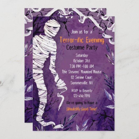 Uitnodiging voor een Halloween Mummy Party (Voorkant / Achterkant)