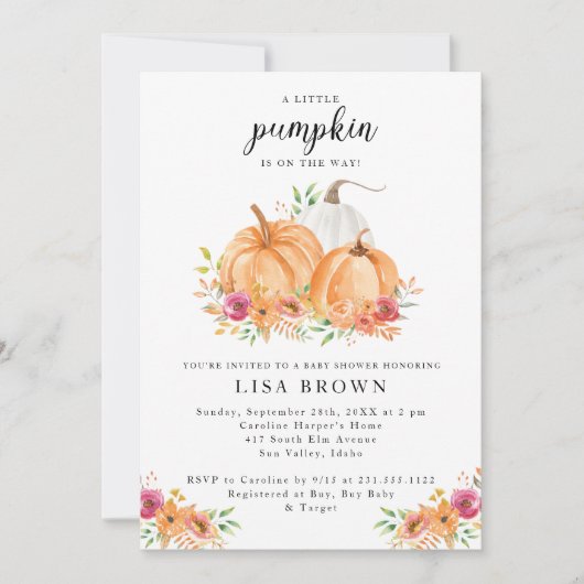 Uitnodiging voor een herfst baby shower met pompoe (Voorkant)