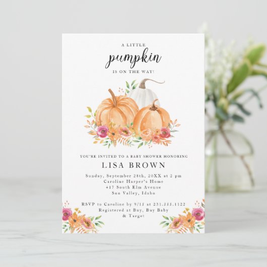 Uitnodiging voor een herfst baby shower met pompoe (Staand voorkant)
