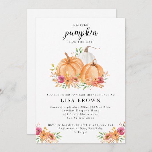 Uitnodiging voor een herfst baby shower met pompoe (Voorkant / Achterkant)