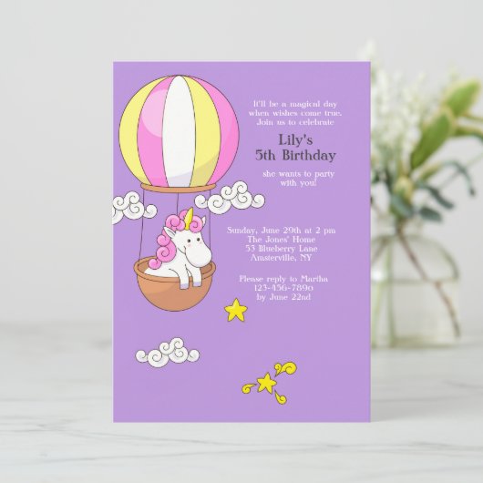 Uitnodiging voor een heteluchtballon van Unicorn (Staand voorkant)