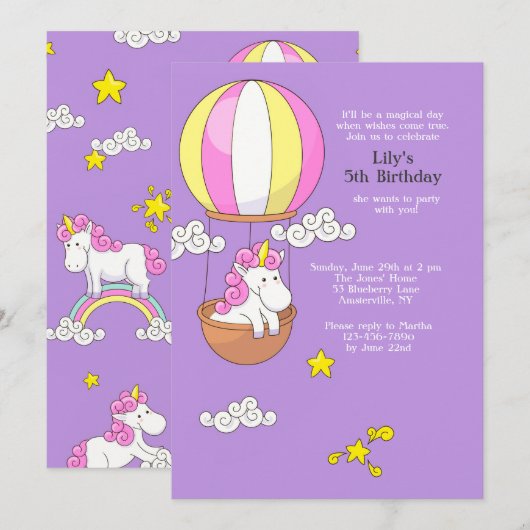 Uitnodiging voor een heteluchtballon van Unicorn (Voorkant / Achterkant)