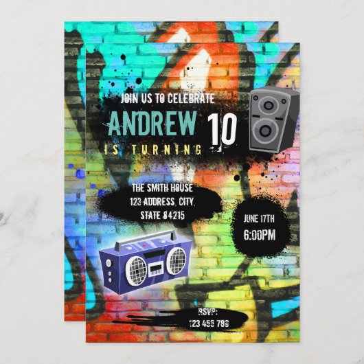 Uitnodiging voor een hiphop feestthema (Voorkant / Achterkant)