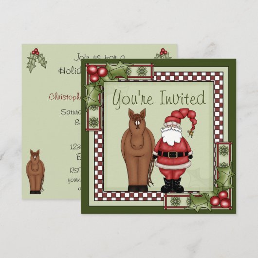 Uitnodiging voor een Horse and Santa Holiday Party (Voorkant / Achterkant)